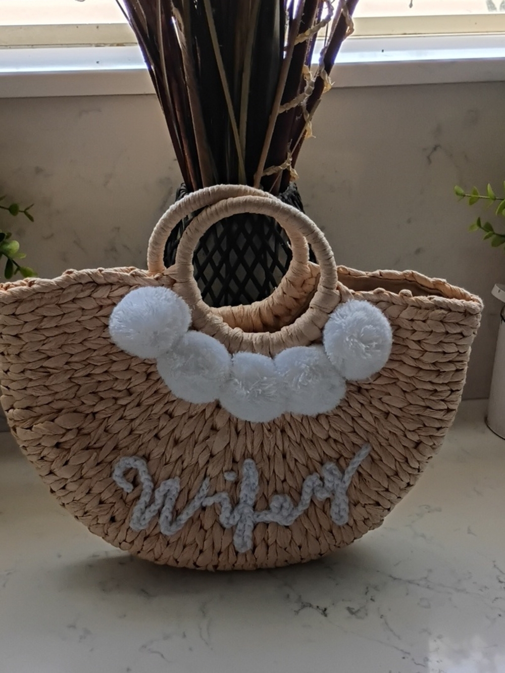 Straw Pom-Pom Tote Bag in Natural with White Accents